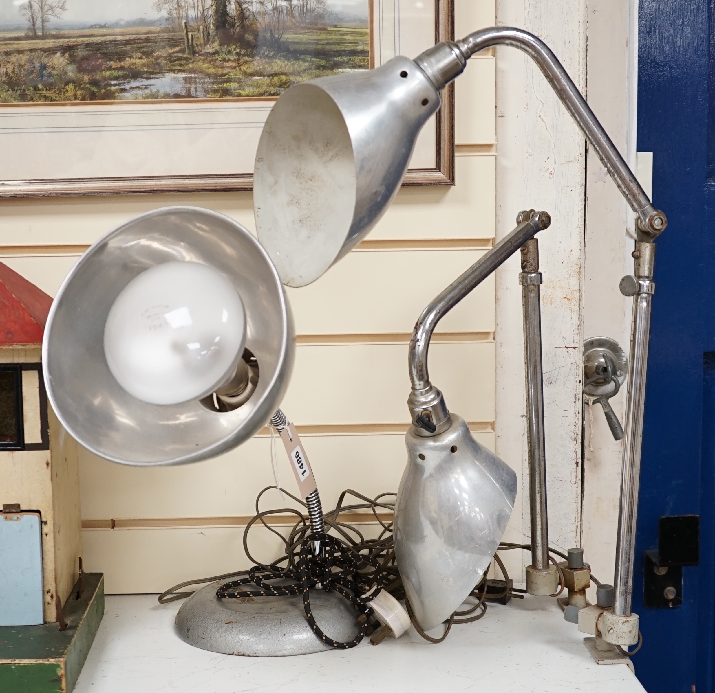 A mid-century Stephen Glover Verglo desklamp, and a pair of French Ki-E-Klair clamp-fitting industrial lamps